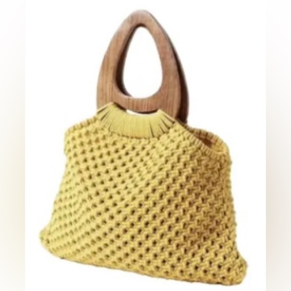 NWT Yellow Urban Outfitters Large Wood Handle Macrame Tote Bag. - Picture 2 of 8